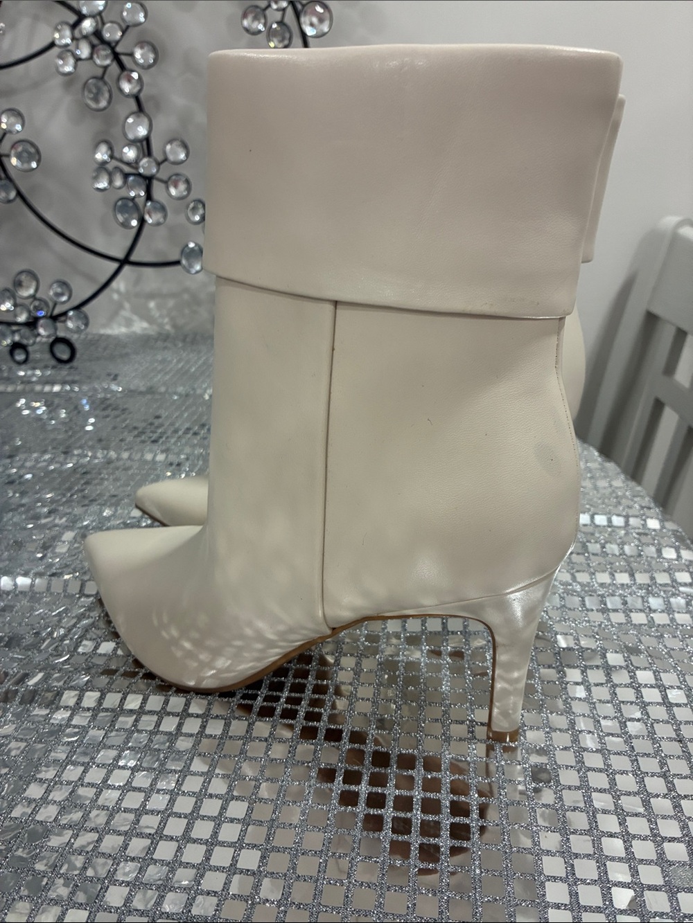 Nine West Cream Fold-Over Pointed Toe Ankle Boots